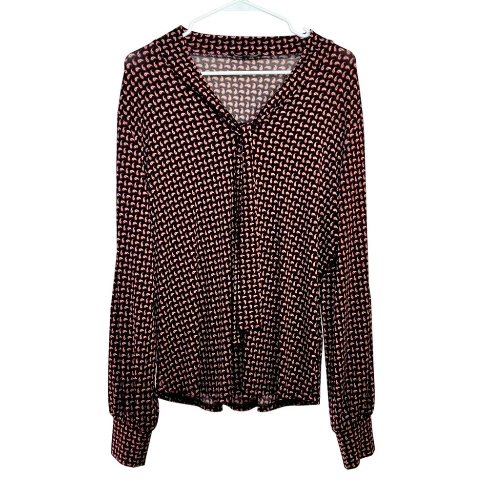 Adrianna Papell Dressy Tie Blouse Women's XL L/S Pullover Black Paisley Stretchy